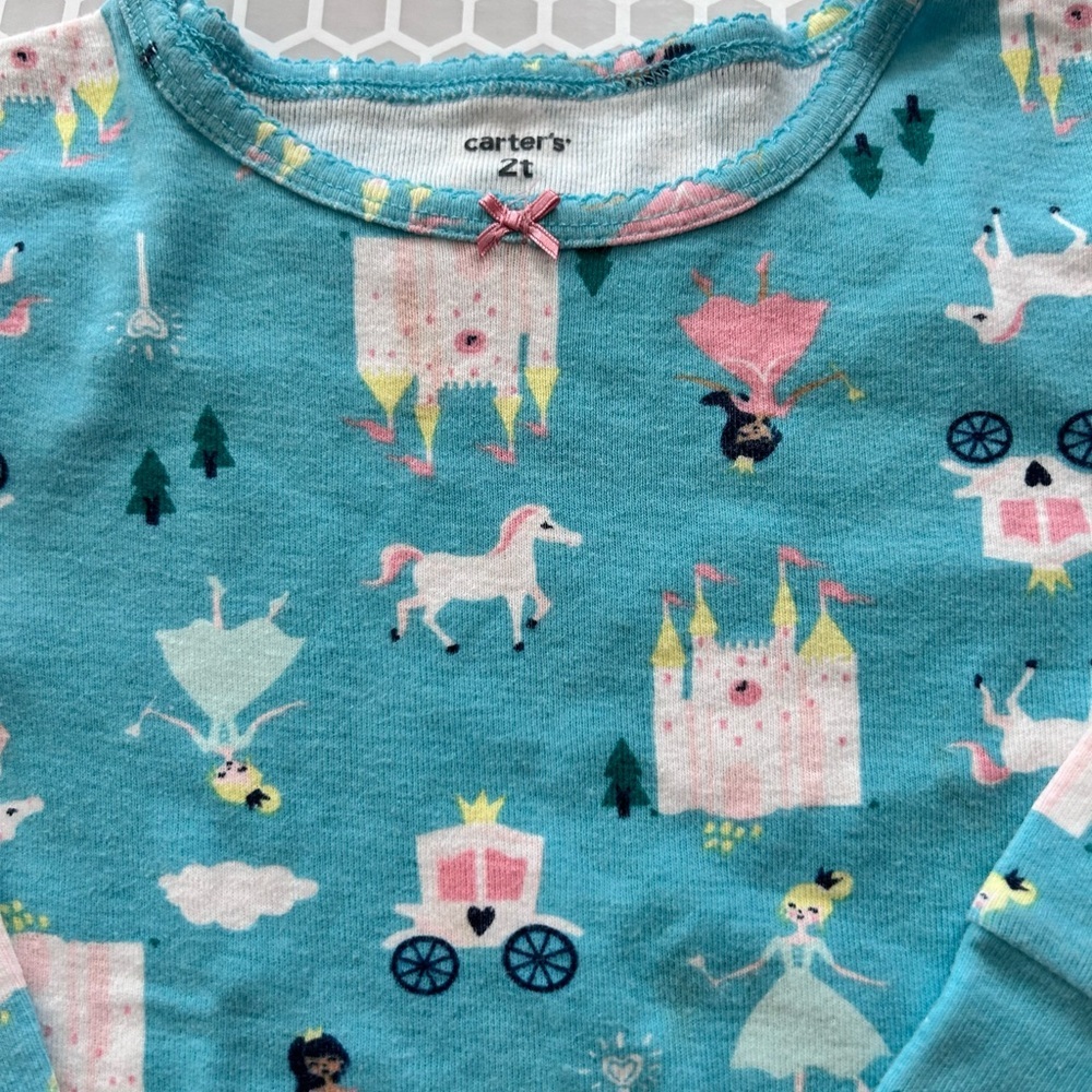Carter's Teal Princess & Unicorn Pajama Set with Pink Accents Size 2T - Picture 3 of 9